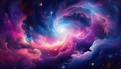 An abstract, cosmic background resembling a glowing nebula with swirling clouds of purple, blue, and pink, set against a deep, starry space