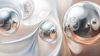 Silver spheres in swirling white and tan background.