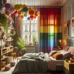 Bedroom with Rainbow Curtains and Balloons