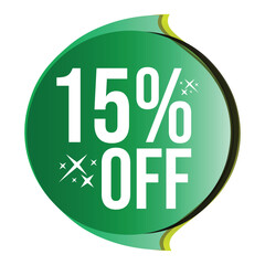 15% off Sale discount promotion tag sticker or label Vector Illustration Discount 15% percent special offer for marketing sales promotion offers advertisement green badge for websites social media