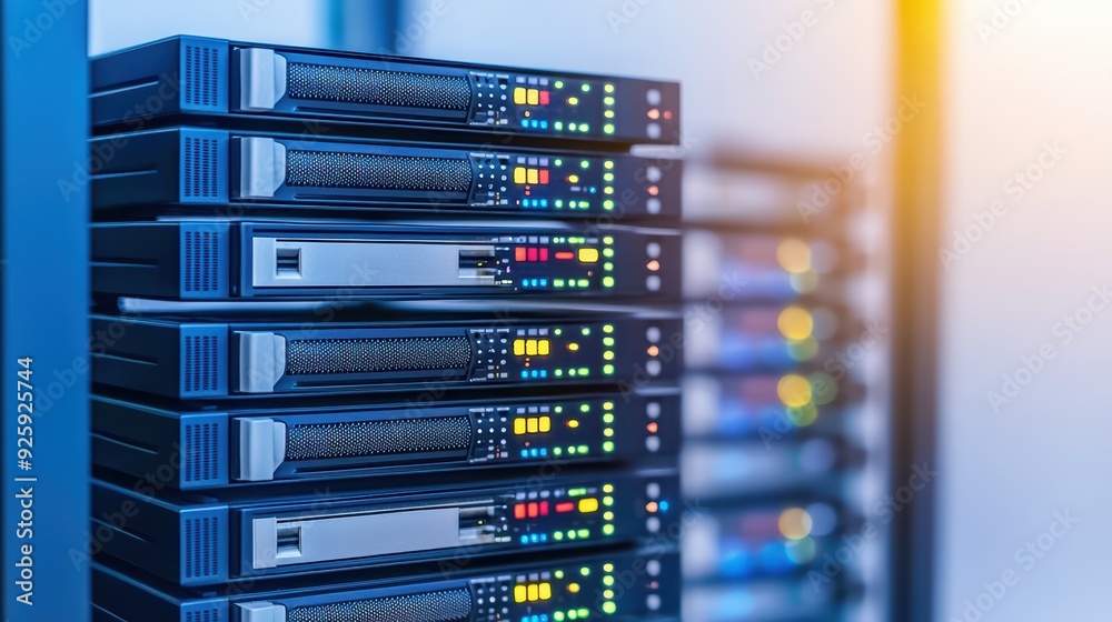 Poster high-tech server stack with illuminated indicators in a data center, showcasing advanced technology 