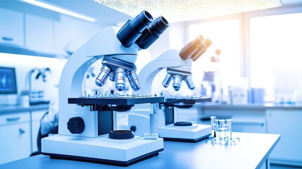 High-tech laboratory with advanced microscopes on a bright workstation, ideal for scientific research and education.