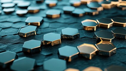 Fototapeta premium Metallic hexagons on a textured surface.