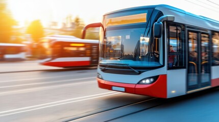 Naklejka premium Modern city bus in motion during sunset, showcasing urban transportation and energy efficient design.