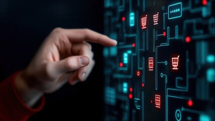 Business professionals analyzing online sales data on a futuristic holographic screen, shopping analytics, data-driven decision-making
