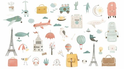 Set of holiday elements travel decoration watercolor decoration