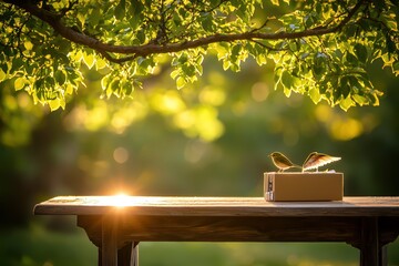 Obraz premium Two birds perched on a box in a sunlit garden, surrounded by lush greenery, creating a serene and tranquil atmosphere.