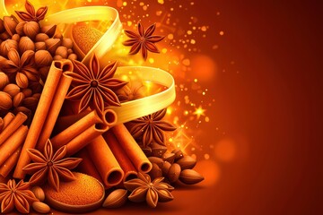 Vibrant spices including cinnamon and star anise arranged beautifully, perfect for culinary and aromatic themes.