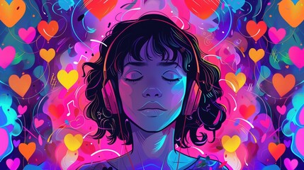 Woman with closed eyes wearing headphones surrounded by vibrant, colorful hearts and musical notes. Concepts of music, relaxation, and emotional connection through sound and visuals.