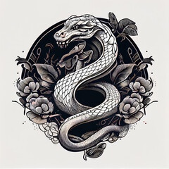 Obraz premium Snake Vintage T-Shirt B&W Design – Bold Black and White Vector Graphics Featuring a Retro-Inspired Snake Illustration for Stylish and Edgy Apparel Perfect for Modern Fashion