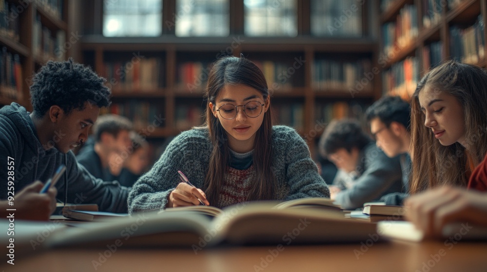 Poster A group of dedicated students is quietly studying and taking notes in a beautiful library filled with bookshelves