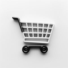Black and white shopping cart icon on plain white background. Concepts of retail, online shopping, and simplicity.