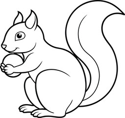 An outline illustration of a squirrel, holding a nut with its bushy tail curled, drawn with smooth lines on a white background.