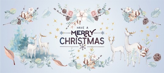 Naklejka premium Merry Christmas horizontally illustration. Watercolour winter banner with animal, flowers, deers. 