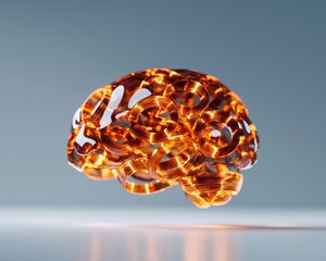 A captivating 3D representation of a brain, beautifully crafted in a translucent amber hue, showcasing creativity and innovation.