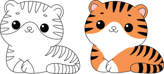 Cute kawaii cartoon character tiger coloring page, printable worksheets for preschool.