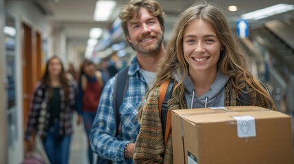College move-in day with a student and parent happily carrying boxes