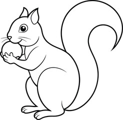 Squirrel outline illustration, holding a nut with its bushy tail curled, drawn with smooth lines on a white background.