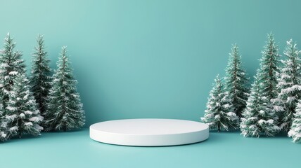 A serene winter scene featuring a white platform surrounded by snowy evergreen trees against a calming teal background. 3D Render