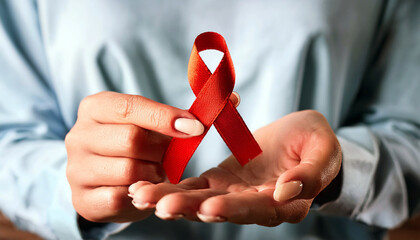 Woman holding red ribbon for december world aids day. Healthcare concept, Generative AI