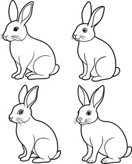 Cute Rabbit outline or line art or sketch illustration four rabbits package, sitting with long ears upright, drawn with soft, rounded lines on a white background.