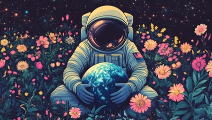 Astronaut cradles Earth amidst colorful flowers.