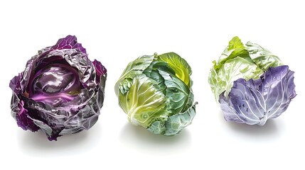 Obraz premium Winter cabbage heads, green and purple, isolated on a white background.