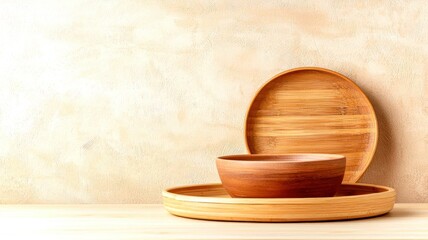 Handcrafted bamboo dining set with rustic pottery, set against a neutral-toned backdrop, bamboo...