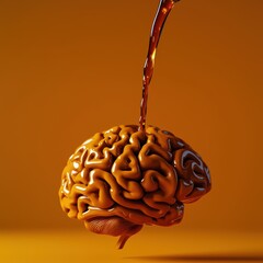 A surreal image of a brain with liquid pouring from it, symbolizing creativity and cognitive flow against a vibrant orange backdrop.