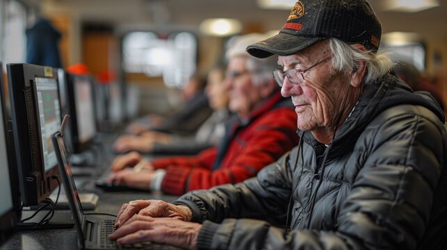 Senior citizens learning digital skills in a computer training class