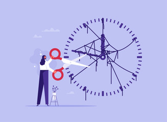 Time allocation, manage limited time to optimize outcome concept, confusion and messy work hours in office, businesswoman use scissors to cut controlled strings on clock metaphor of time management