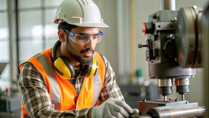 An Indian machine operator wearing safety gear, working with large industrial machines.
