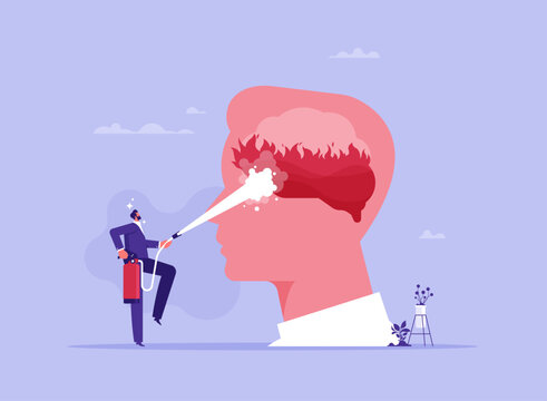 Therapy to cool down burning mind or anger concept, reduce burnout or mental illness, depression, cure anxiety and stress, businessman holding fire extinguisher to extinguish burning fire on head