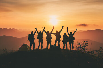 Group of Six Friends Celebrating on a Hilltop, Silhouetted Against a Sunset, with Camping Equipment in the Background for a Fun Evening.