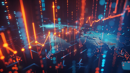 3D Rendering of Growing Upward Arrows and World Map on Dark Background, Forex Charts Showing Rising Trends with Vibrant Lighting Representing Global Market Growth