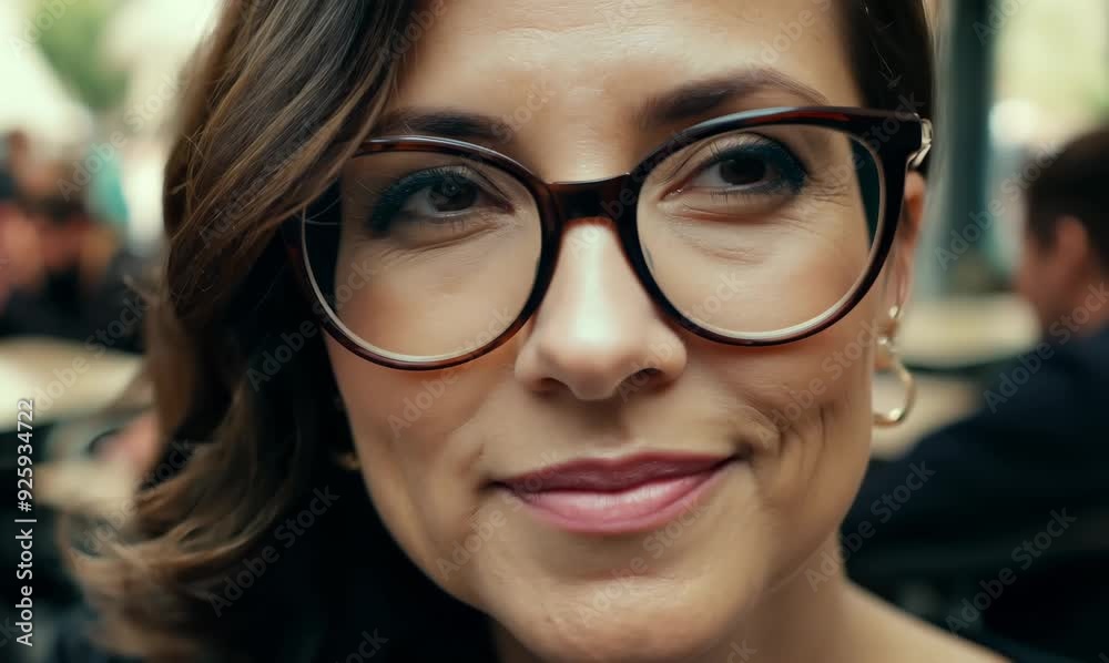 Poster Portrait of a beautiful woman with eyeglasses in a cafe