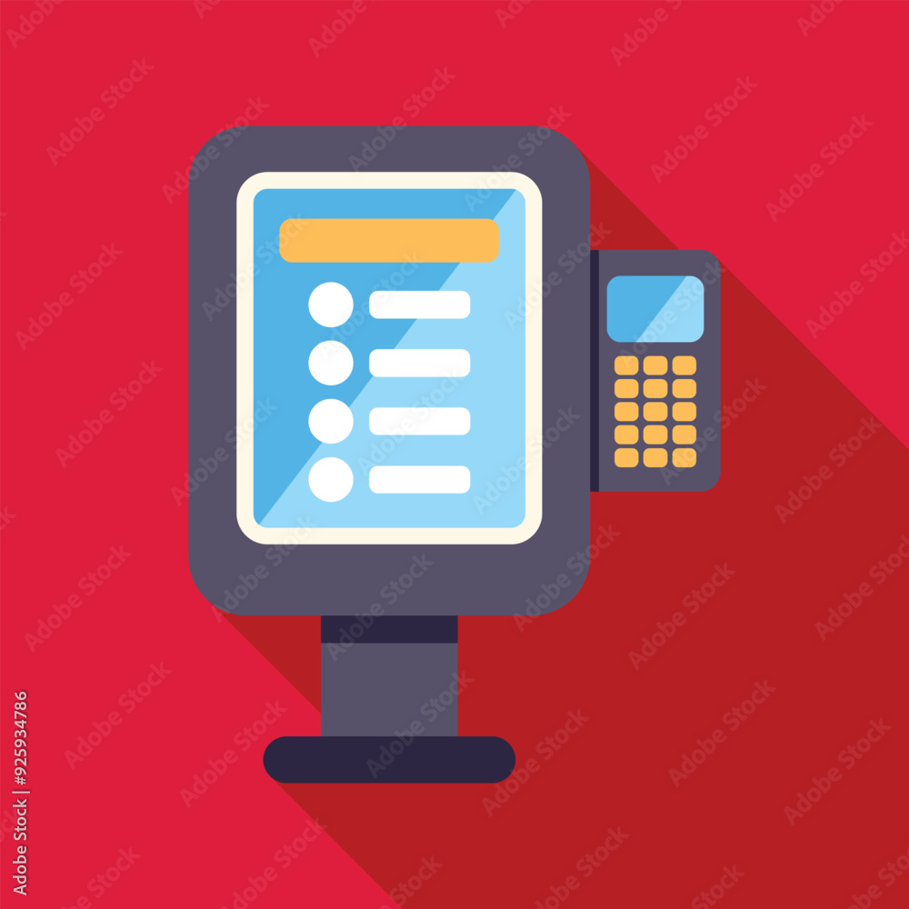Poster electronic kiosk is showing information on screen with buttons to press and keypad on right side