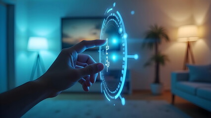 A Hand Interacting with a Futuristic Interface in a Home Setting