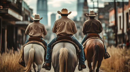 Three men in cowboy hats riding horses down a street. Scene is adventurous and fun