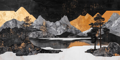 landscape with lake, collage, color black art, mountains and river, trees, palace, black and gold, Chinese composition, minimalist white space
