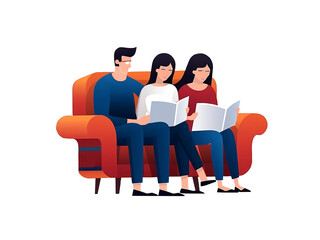 a family sitting on the sofa reading a book with transparent background