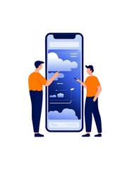 2 people in front of factory icon for app