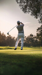 Obraz premium A man is playing golf and swinging his club