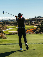 A man is swinging a golf club on a green course