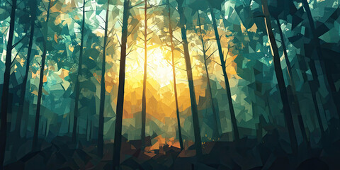 Forest background illustration art, artistic woodland abstract style, nature cubism Impressionism artwork woods tree patterns, generated ai