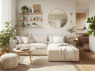 Cozy, stylish living room with light colors, multifunctional furniture, mirrors, minimalist decor, and small indoor plants.