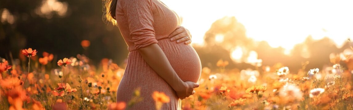 A pregnant woman gently cradles her belly in a blooming flower field