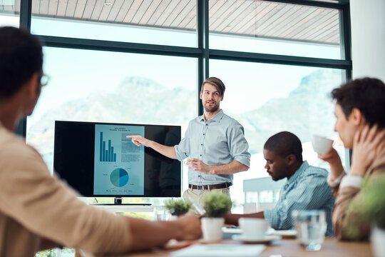Data, business man or team presentation on monitor for training, coaching or info analysis. Group, speaker or investment manager on screen with finance stats, profit kpi or planning in office meeting