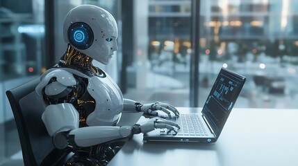 Fototapeta premium A white humanoid robot with glowing circuitry sits at a desk working on a laptop in an office setting.