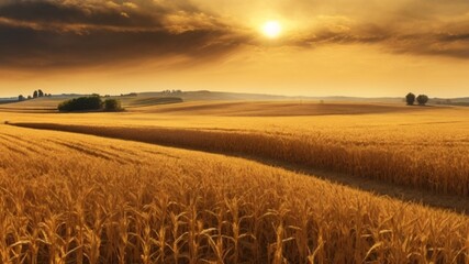 Golden wheat fields under dramatic sunset sky in rural countryside landscape